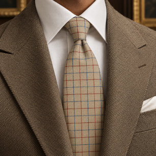 Old Money Camel Blue Rust Windowpane Check Tie