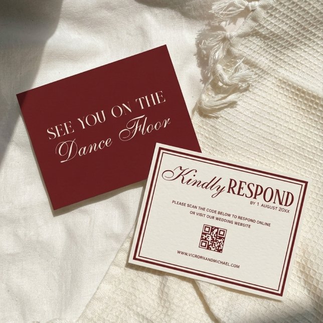 Old Money Chic Burgundy Ivory QR Code Wedding RSVP Card (Creator Uploaded)