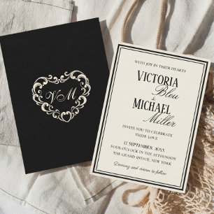 Old Money Chic Ivory and Black luxury Wedding Invitation