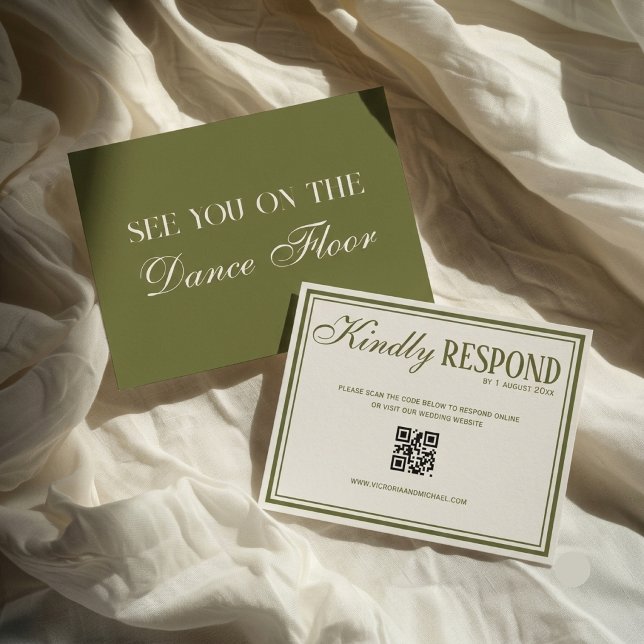 Old Money Chic Olive Green Ivory QR Code Wedding RSVP Card (Creator Uploaded)