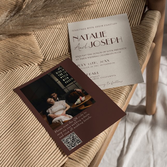 Old Money Chocolate Brown QR Code Photo Wedding Invitation (Creator Uploaded)