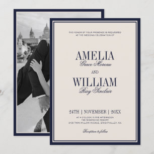 Old Money Classic Navy Blue Cream Photo Wedding Invitation