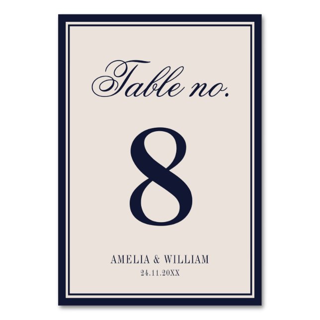 Old Money Classy Timeless Navy Blue Cream Wedding Table Number (Front)
