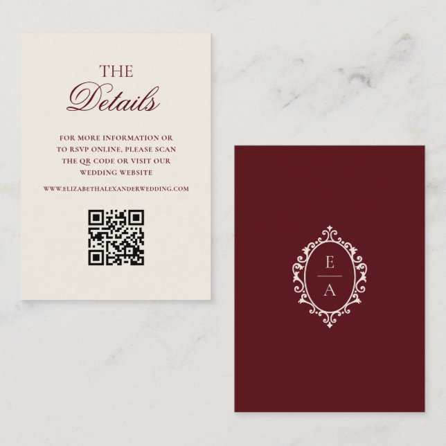 Old Money Crest Burgundy Wedding Details QR Code Enclosure Card (Front/Back)