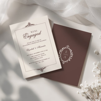 Old Money Crest Espresso Brown We're Engaged Party Invitation