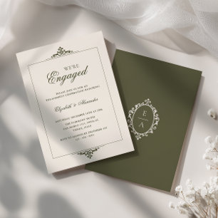 Old Money Crest Olive Green We're Engaged Party Invitation