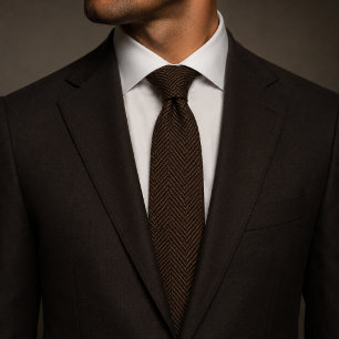 Old Money Dark Brown Herringbone Tweed Fabric Tie