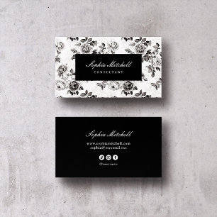Old Money Floral Dark Black and White Business Card