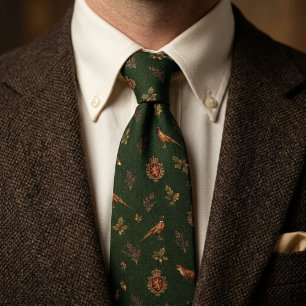 Old Money Fox Pheasant Lion Crest Forest Green Tie