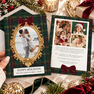 Old Money Green Tartan Gold Frame Christmas Photo Holiday Card