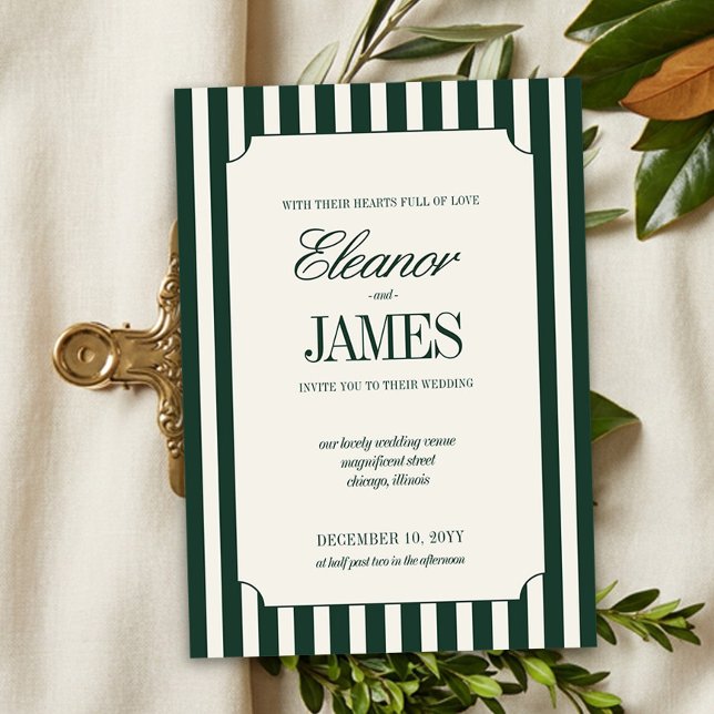 Old Money Hunter Green Stripe Wedding Invitation (Classic Wedding Invitation from the Green Stripe Old Money wedding collection by Darling & May)