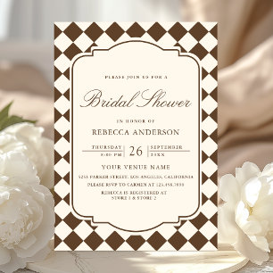 Old Money Ivory Brown Chequered Bridal Shower Invitation