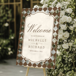 Old Money Ivory Brown Chequered Wedding Welcome Acrylic Sign