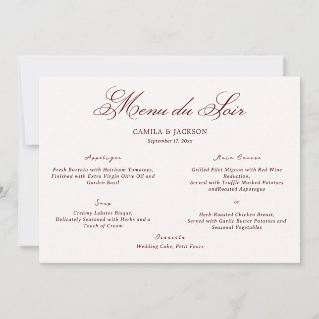 Old Money Ivory & Burgundy Wedding Menu Card (Front)