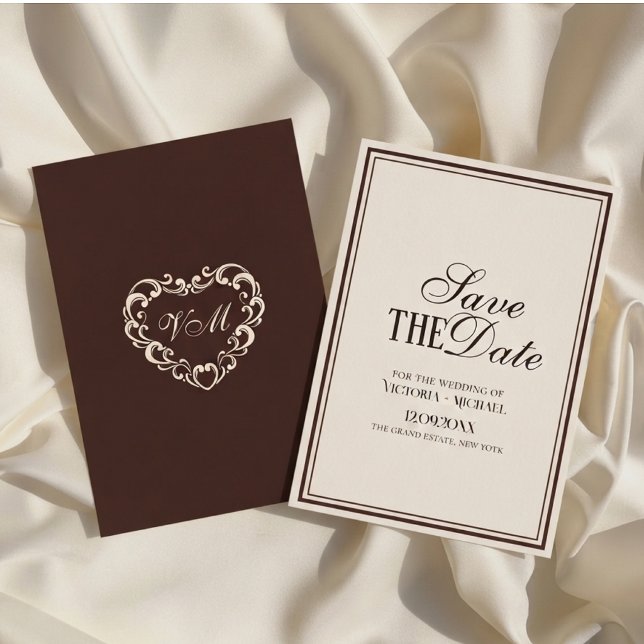 Old Money Ivory & Espresso Brown Fancy Wedding Save The Date (Creator Uploaded)