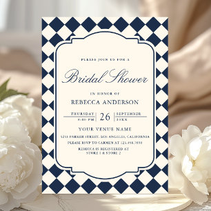 Old Money Ivory Navy Blue Chequered Bridal Shower Invitation
