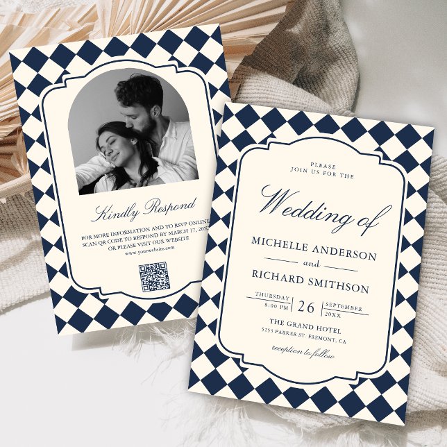 Old Money Ivory Navy Blue Chequered Wedding Invitation (Creator Uploaded)