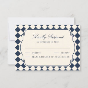 Old Money Ivory Navy Blue Chequered Wedding RSVP Card