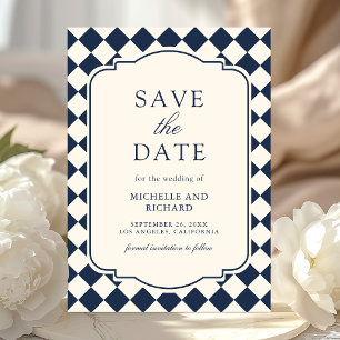 Old Money Ivory Navy Blue Chequered Wedding Save The Date