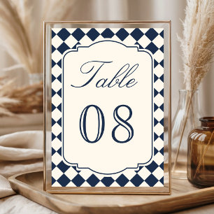 Old Money Ivory Navy Blue Chequered Wedding Table Number