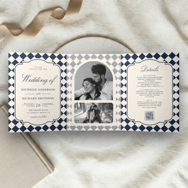 Old Money Ivory Navy Blue Chequered Wedding Tri-Fold Invitation (Creator Uploaded)