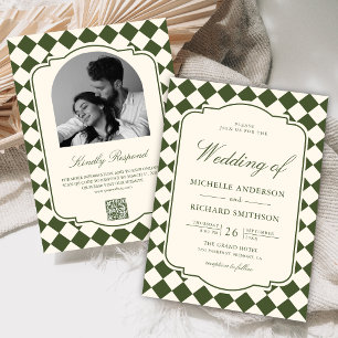 Old Money Ivory Olive Green Chequered Wedding Invitation