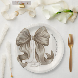 Old Money Ivory Striped Bow Baby Shower  Paper Plate