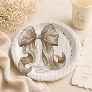 Old Money Ivory Striped Bow Baby Shower  Paper Plate
