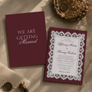 Old Money Lace Doily Burgundy Wedding Invitation