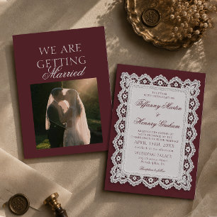 Old Money Lace Doily Burgundy Wedding Photo Invitation