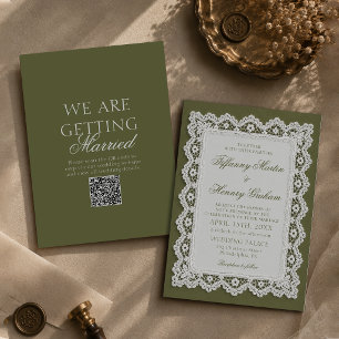 Old Money Lace Doily Olive Green QR Code Wedding Invitation