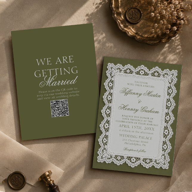 Old Money Lace Doily Olive Green QR Code Wedding Invitation (Creator Uploaded)