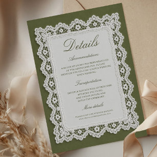 Old Money Lace Doily Olive Green Wedding Details Enclosure Card
