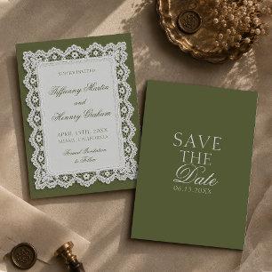 Old Money Lace Doily Olive Green Wedding Invitation