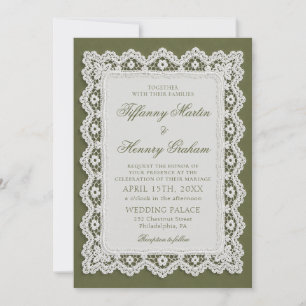 Old Money Lace Doily Olive Green Wedding Photo Invitation