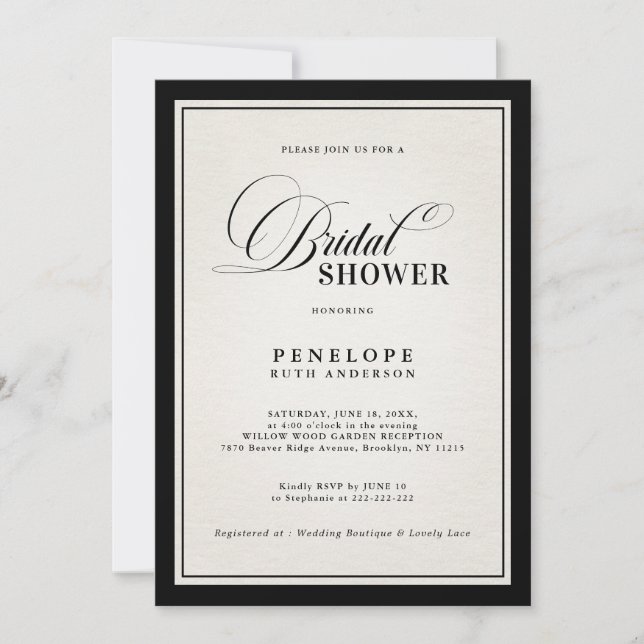 Old Money Modern Formal Black chic Bridal Shower  Invitation (Front)