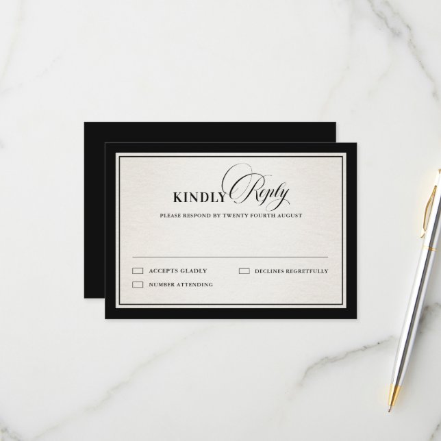 Old Money Modern Formal Black Luxury Chic Wedding RSVP Card (Front/Back In Situ)