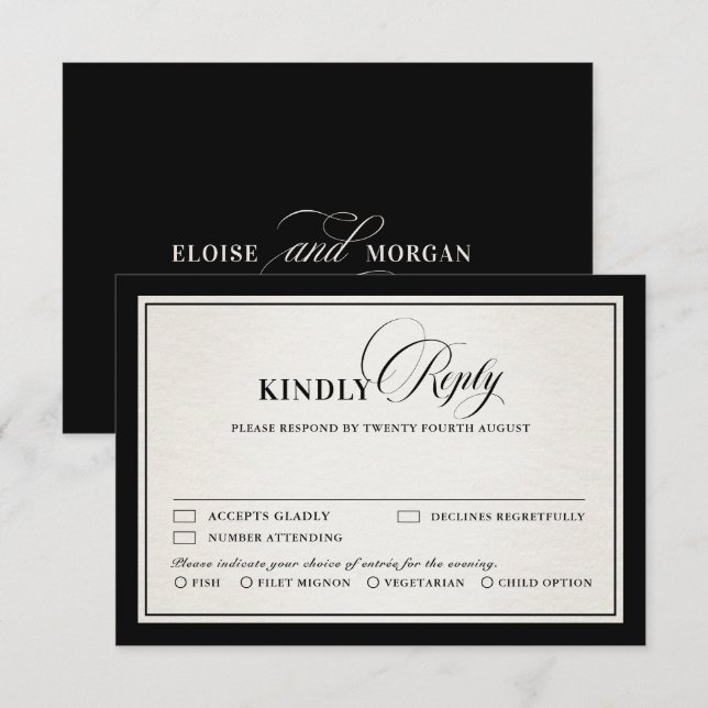 Old Money Modern Formal Black Luxury Meal Choice RSVP Card (Front/Back)