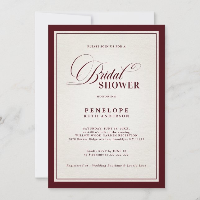 Old Money Modern Formal Burgundy Bridal Shower  Invitation (Front)