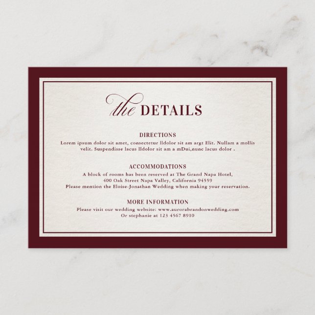 Old Money Modern Formal Burgundy Luxury Details Enclosure Card (Front)