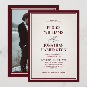 Old Money Modern Formal Burgundy Photo Wedding    Invitation