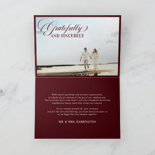 Old Money Modern Formal Burgundy Photo Wedding Thank You Card