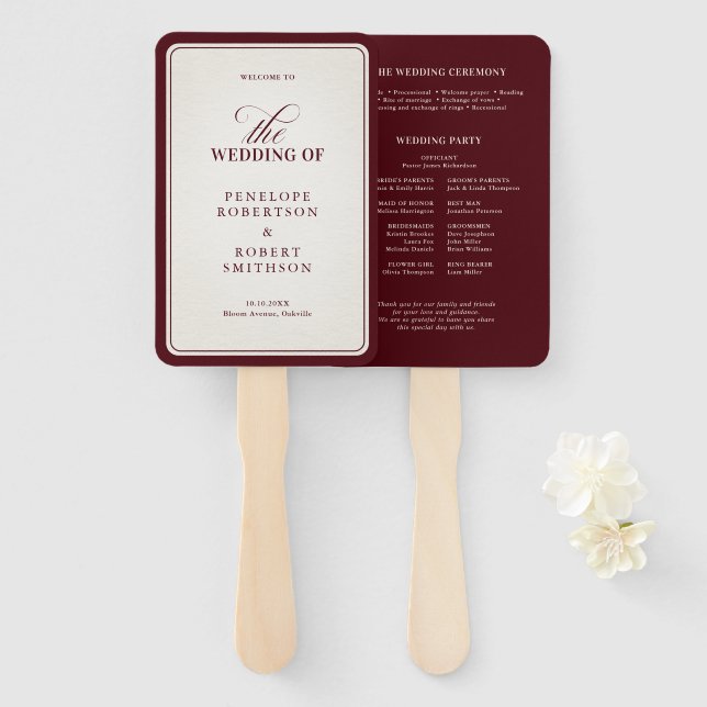 Old Money Modern Formal Burgundy Wedding Program Hand Fan (Front and Back)