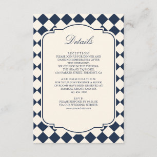 Old Money Navy Blue Chequered Wedding Details Enclosure Card