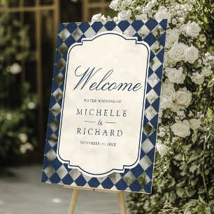 Old Money Navy Blue Chequered Wedding Welcome Acrylic Sign