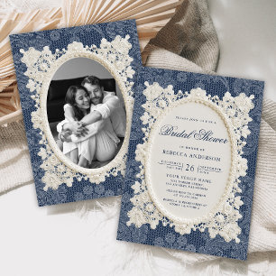 Old Money Navy Blue Ivory Doily Lace Bridal Shower Invitation