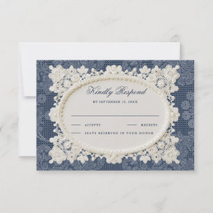 Old Money Navy Blue Ivory Doily Lace Wedding RSVP Card