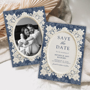 Old Money Navy Blue Ivory Doily Lace Wedding Save The Date