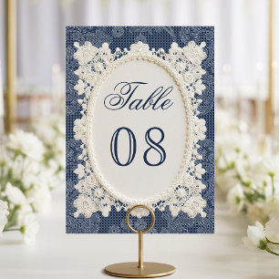 Old Money Navy Blue Ivory Doily Lace Wedding Table Number