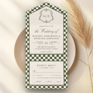Old Money Olive Green Chequered Monogram Wedding All In One Invitation